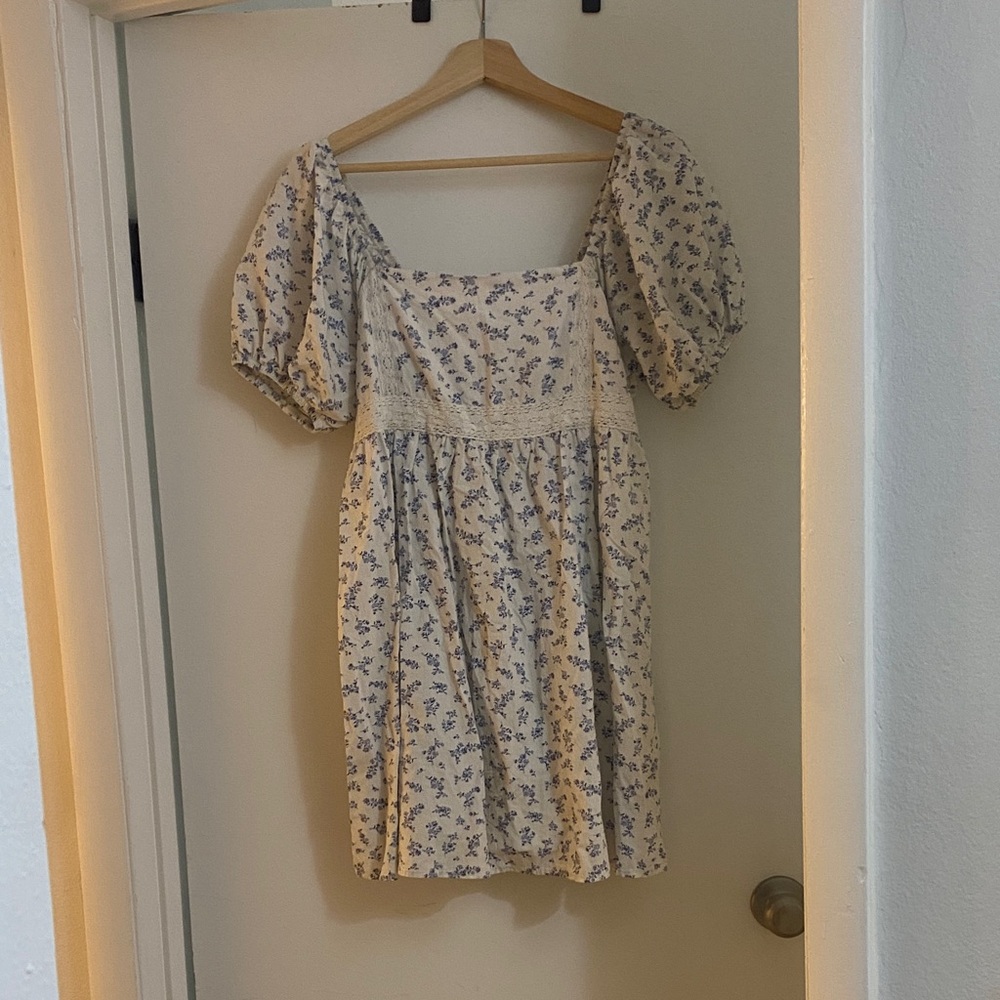 Macy's Cream and Blue Floral Mini Dress